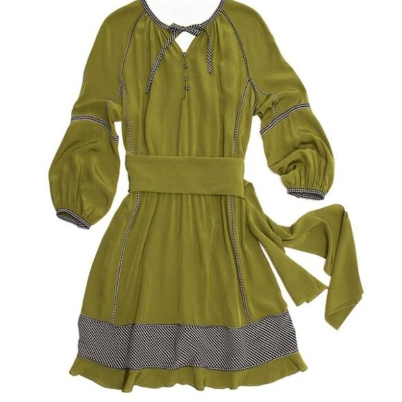 Derek Lam Silk Lime Green Peasant Tie Elastic Waist Midi Shift Dress S/US4/IT40 - Picture 1 of 13